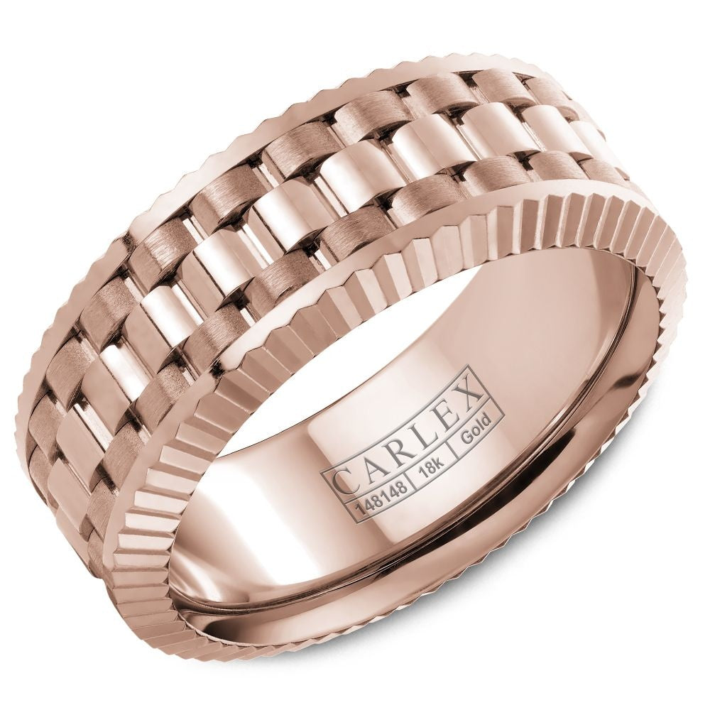 Carlex Men's Wedding Band - 18K Rose Gold with Link Motif and Frosted Side Details - 8.5mm Width from the G3 Collection