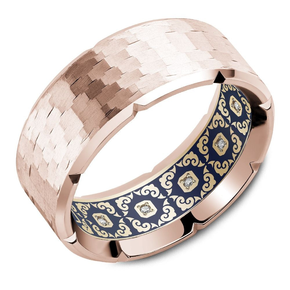 Carlex Men's Wedding Band - 18K Rose Gold with Woven Texture and Hidden Diamond Interior Scroll Design - 8.5mm Width from the G4 Collection