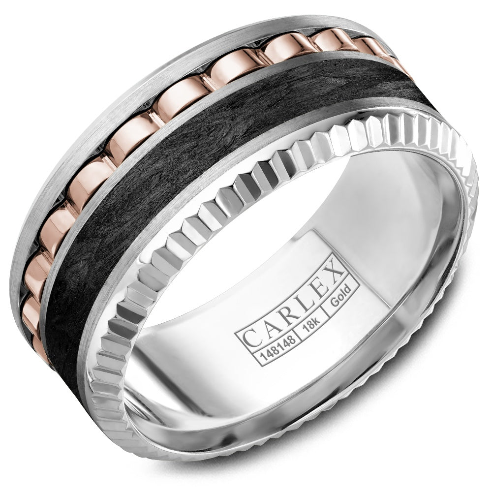 Carlex Men's Wedding Band - 18K White Gold and Yellow Gold and Forged Carbon Fiber - 9.5mm Width from the G3 Collection