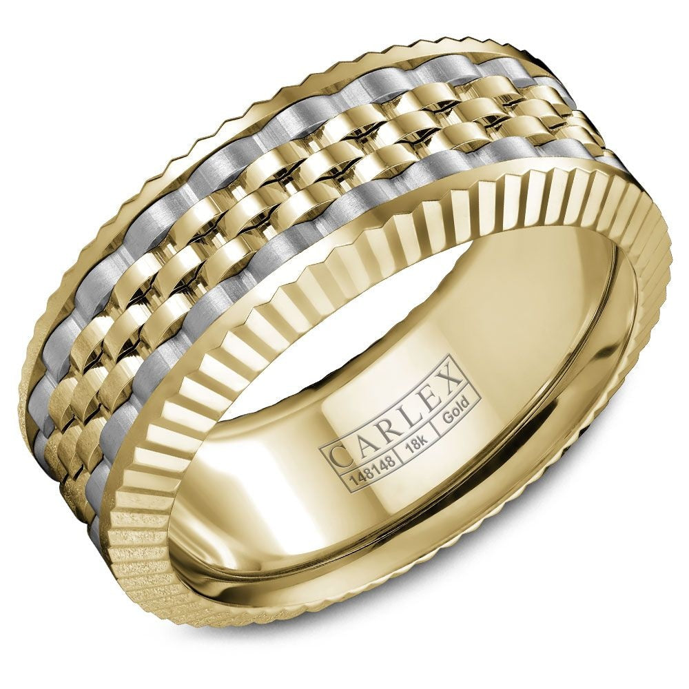 Carlex Men's Wedding Band - 18K White Gold and Yellow Gold Braided with Ribbed Edges - 8.5mm Width from the G3 Collection