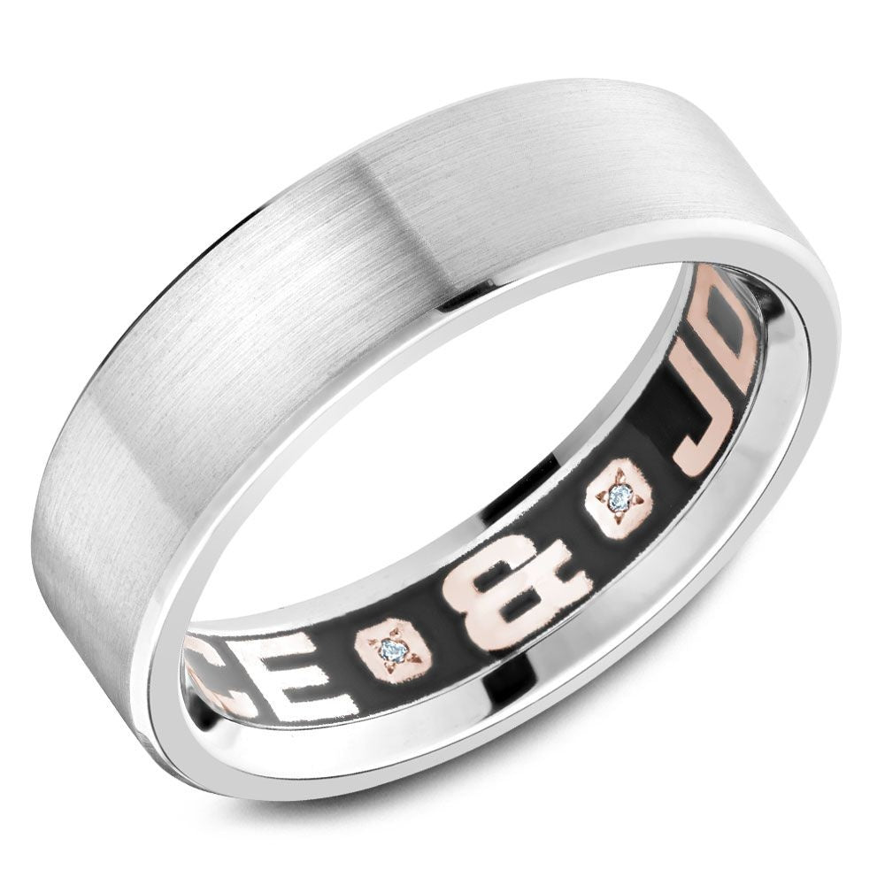 Carlex Men's Wedding Band - 18K White Gold and Rose Gold with Brushed Sandpaper Finish and Hidden Interior Diamond Accents- Special Order - 6.5mm Width from the G4 Collection