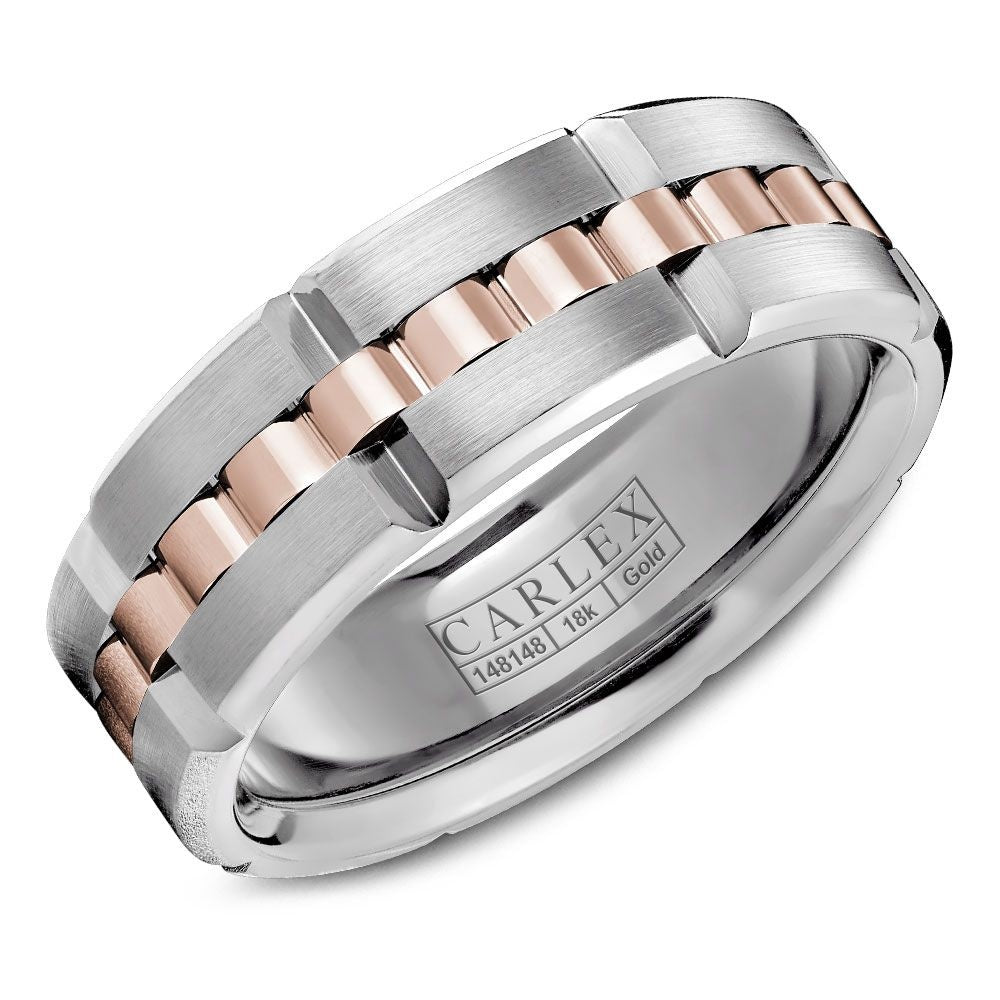 Carlex Men's Wedding Band - 18K Two-Tone Gold with Brushed White Gold Rails and Polished Rose Gold Center - 7.5mm Width from the G3 Collection