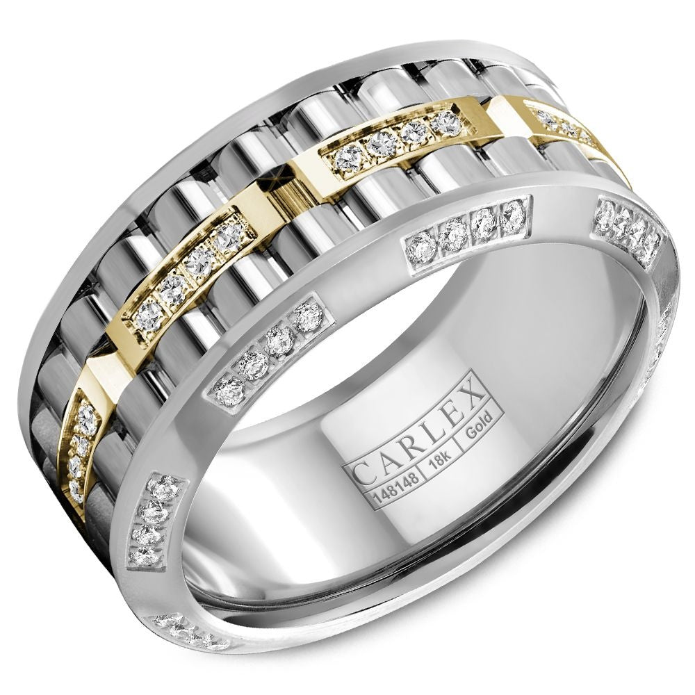 Carlex Men's Wedding Band - 18K White Gold and Yellow Gold with Channel-Set Round Diamonds - 0.58 Carat Total Diamond Weight - 10.5mm Width from the G3 Collection