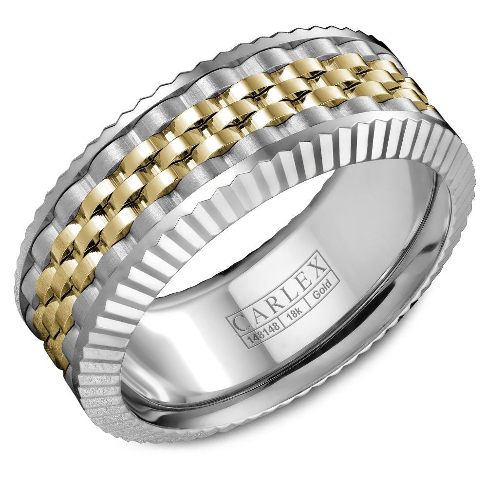 Carlex Men's Wedding Band - 18K White Gold and Yellow Gold with Fluted Edges and High-Polish Link Center - 8.5mm Width from the G3 Collection