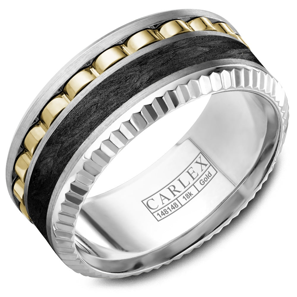 Carlex Men's Wedding Band - 18K Two-Tone Gold with Forged Carbon Fiber Inlay and Yellow Gold Segments - 9.5mm Width from the G3 Collection