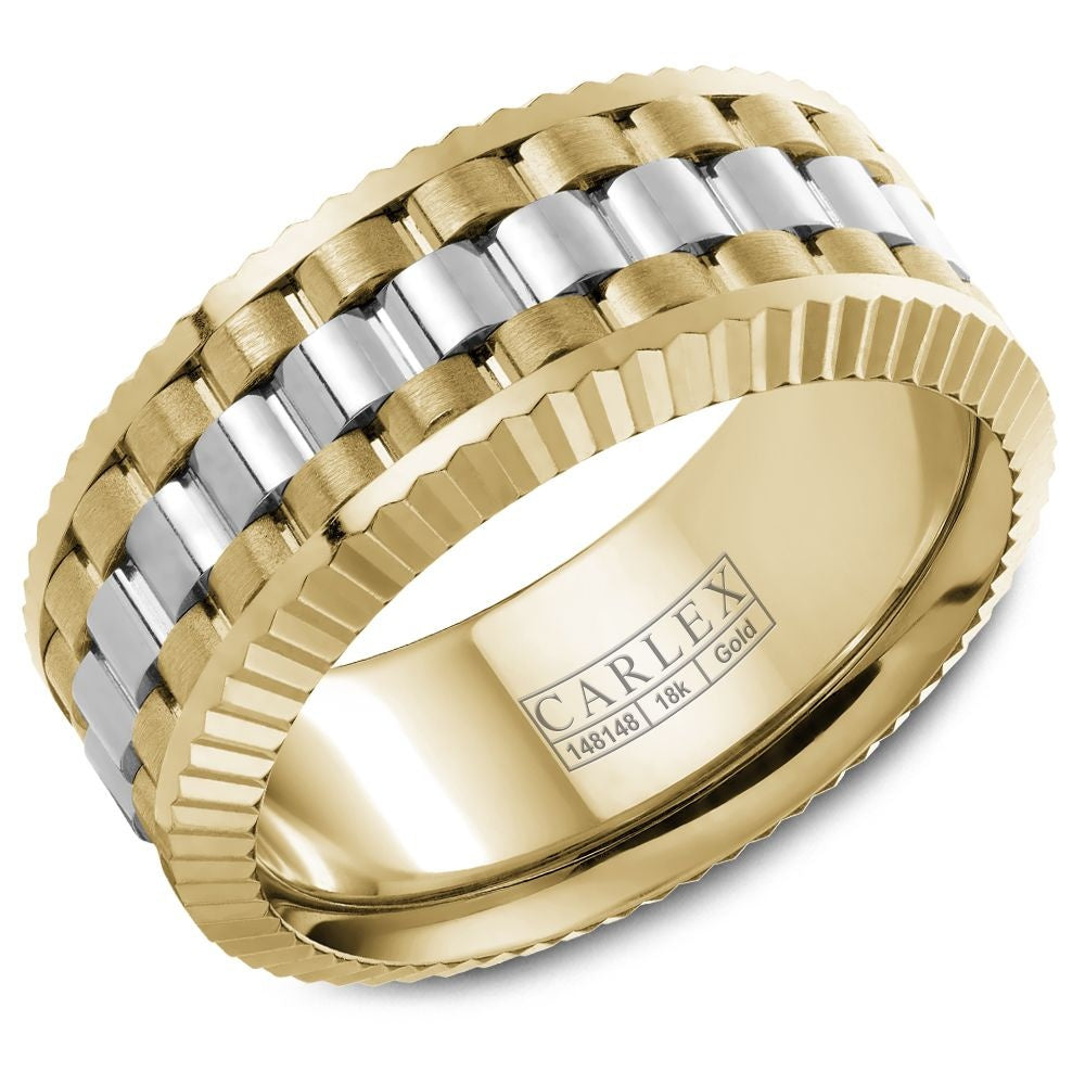 Carlex Men's Wedding Band - 18K White Gold and Yellow Gold with Frosted and Polished Finish - 9mm Width from the G3 Collection