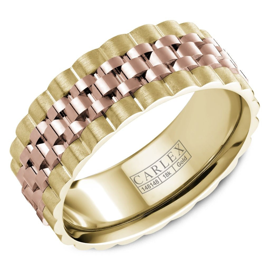 Carlex Men's Wedding Band - 18K Yellow Gold and Rose Gold with High Polish Center and Frosted Sides - 8.5mm Width from the G3 Collection