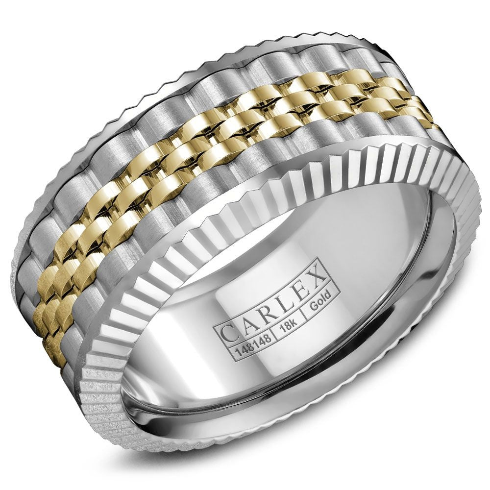 Carlex Men's Wedding Band - 18K Two-Tone Gold with Interlocking Yellow Gold Links and Ridged White Gold Edges - 10mm Width from the G3 Collection