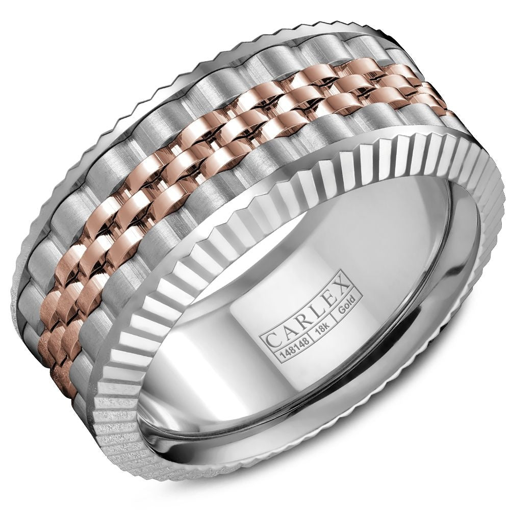 Carlex Men's Wedding Band - 18K Two-Tone Gold with Rose Gold Chain Link Center and Frosted Sides - 10mm Width from the G3 Collection