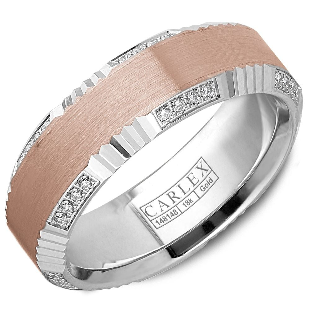 Carlex Men's Wedding Band - 18K Rose Gold and White Gold with Round Diamond Edge Sections- 0.34 Carat Total Diamond Weight - 6.5mm Width from the G3 Collection