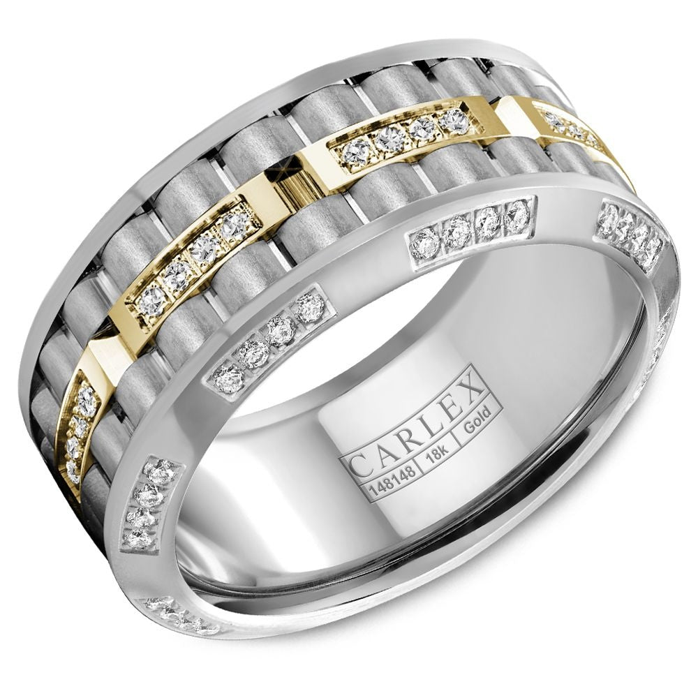 Carlex Men's Wedding Band - 18K White Gold and Yellow Gold with Round Diamonds and Brushed Finish- 0.58 Carat Total Diamond Weight - 10.5mm Width from the G3 Collection