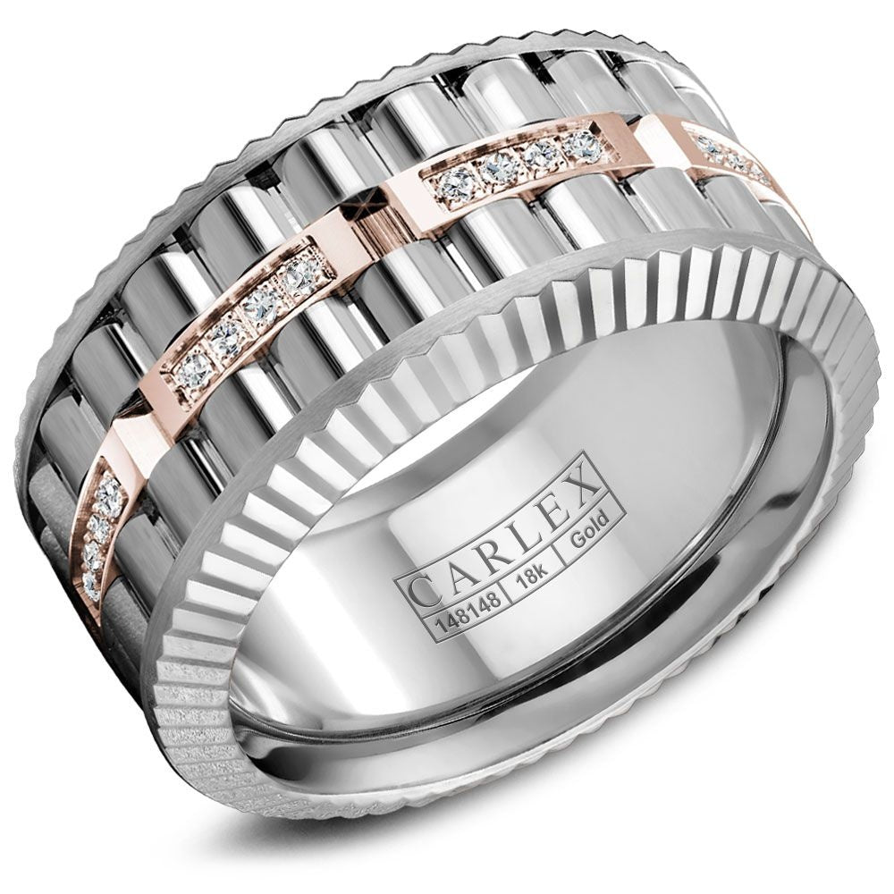 Carlex Men's Wedding Band - 18K White Gold and Rose Gold with Round Diamonds and Sandpaper Finish- 0.19 Carat Total Diamond Weight - 10.5mm Width from the G3 Collection