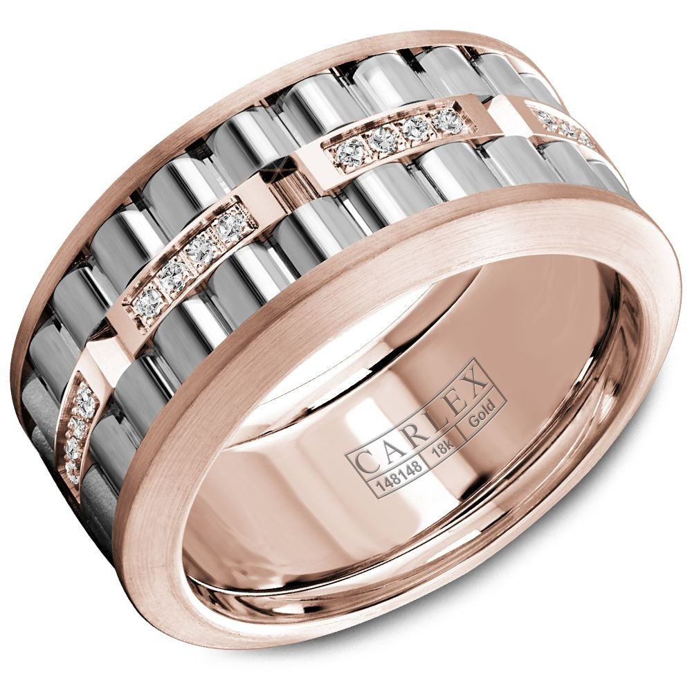 Carlex Men's Wedding Band - 18K White Gold and Rose Gold with Sandpaper Center and 0.19 Carat Round Diamonds - 10.5mm Width from the G3 Collection