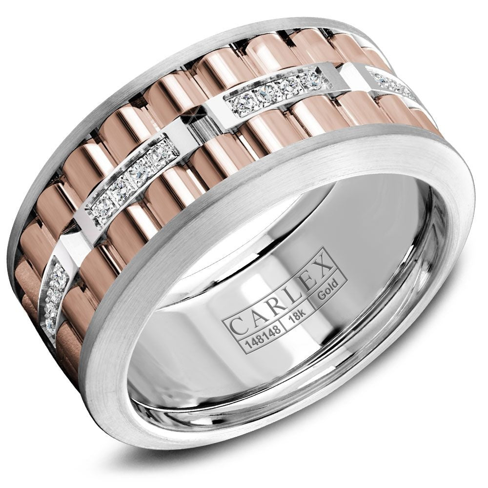 Carlex Men's Wedding Band - 18K White Gold and Rose Gold with Sandpaper Center and 0.19 Carat Round Diamonds - 10.5mm Width from the G3 Collection