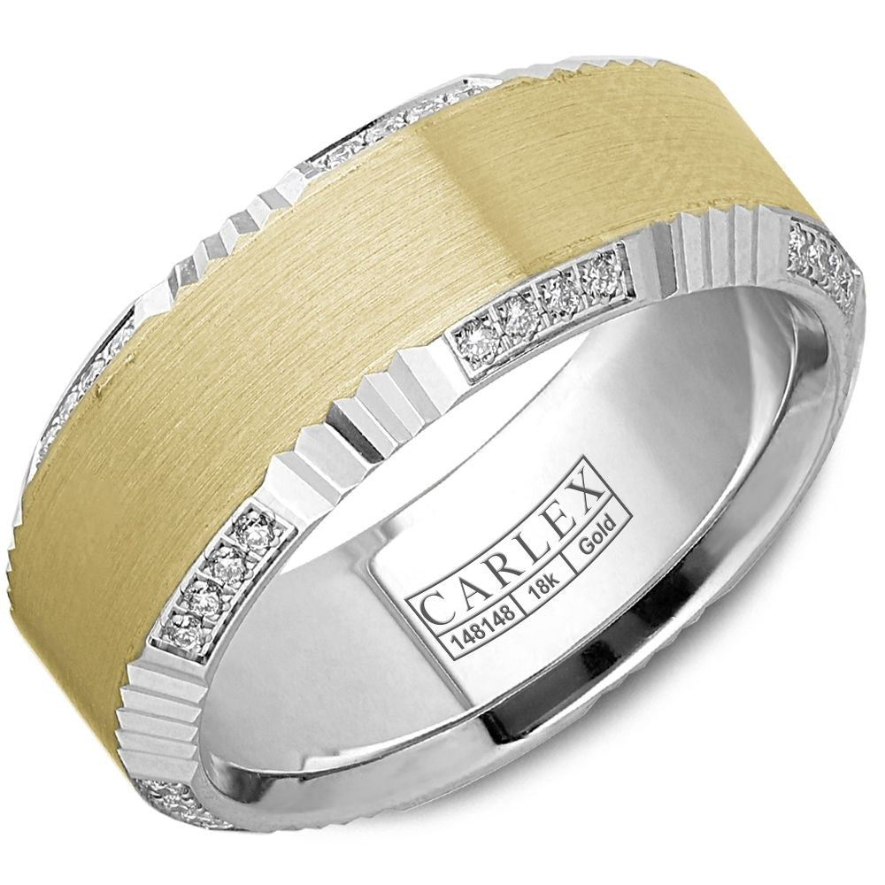 Carlex Men's Wedding Band - 18K Yellow Gold and White Gold with Sandpaper Center and Round Diamond Accents- 0.29 Carat Total Diamond Weight - 8.5mm Width from the G3 Collection