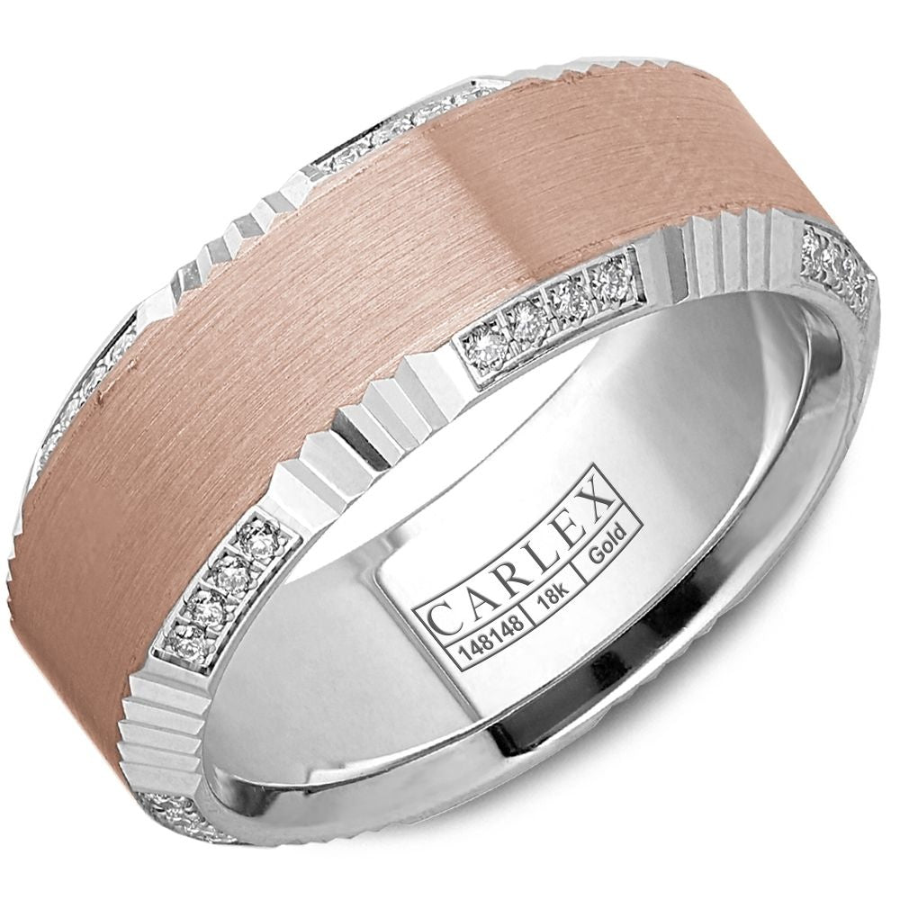 Carlex Men's Wedding Band - 18K Rose Gold and White Gold with Sandpaper Center, High Polish Edges, and 0.29 Carat Round Diamonds - 8.5mm Width from the G3 Collection