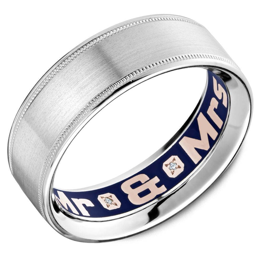 Carlex Men's Wedding Band - 18K White Gold and Rose Gold with Sandpaper Finish, Milgrain Edges, and Hidden "Mrs." Diamond Inscription - 7mm Width from the G4 Collection