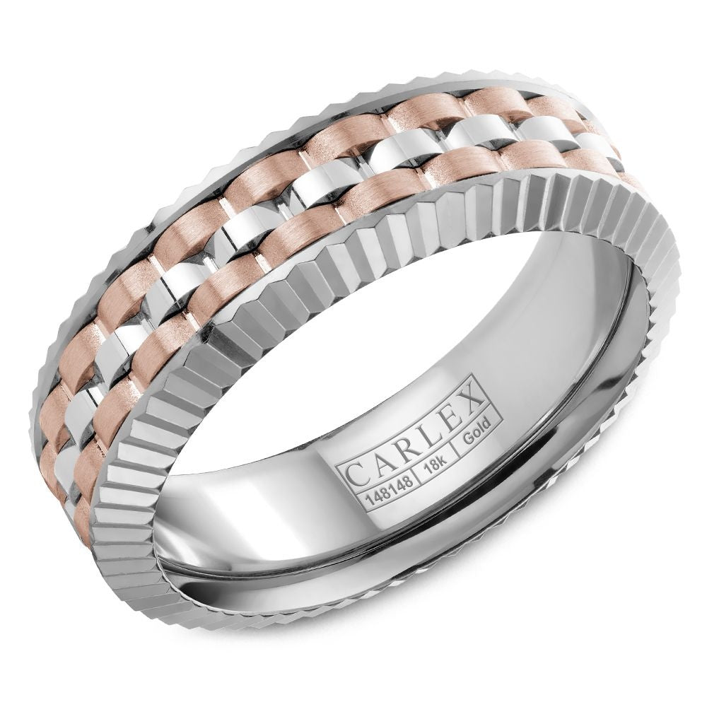 Carlex Men's Wedding Band - 18K Two-Tone Gold with Woven Rose and White Gold Center and Frosted Edge - 7mm Width from the G3 Collection