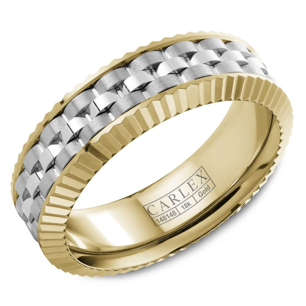 Carlex Men's Wedding Band - 18K Two-Tone Gold with Woven White Gold Center and Ribbed Yellow Gold Edges - 7mm Width from the G3 Collection
