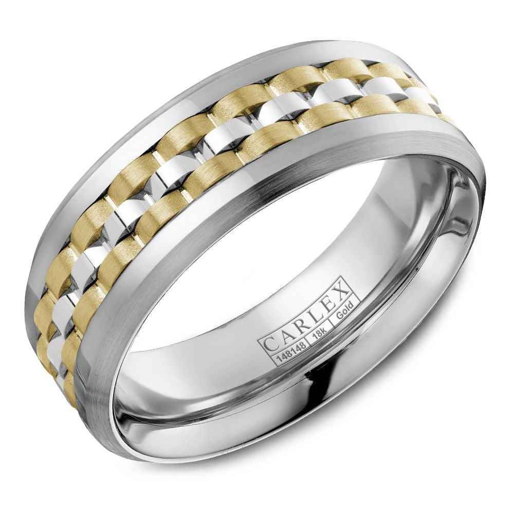 Carlex Men's Wedding Band - 18K White Gold and Yellow Gold Woven with High Polish Center and Sandpaper Sides - 7.5mm Width from the G3 Collection