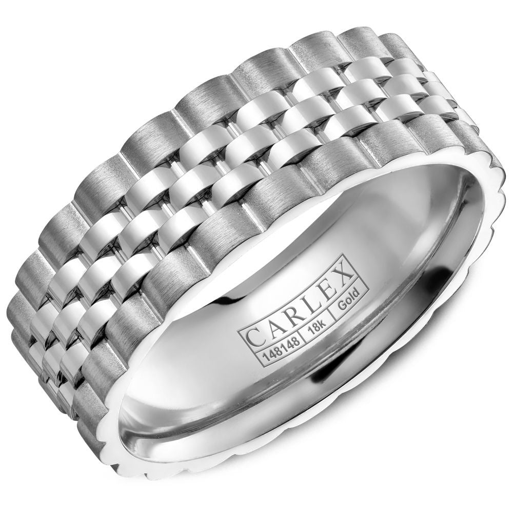 Carlex Men's Wedding Band - 18K White Gold Link with High Polish Center and Frosted Edges - 7.5mm Width from the G3 Collection