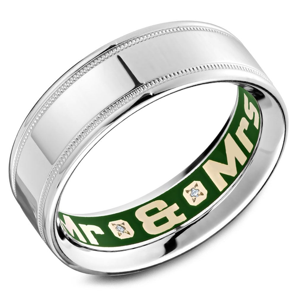 Carlex Men's Wedding Band - 18K White Gold Mrs & Mrs with Green Enamel, Diamond Accents, and Milgrain Edges - 7mm Width from the G4 Collection