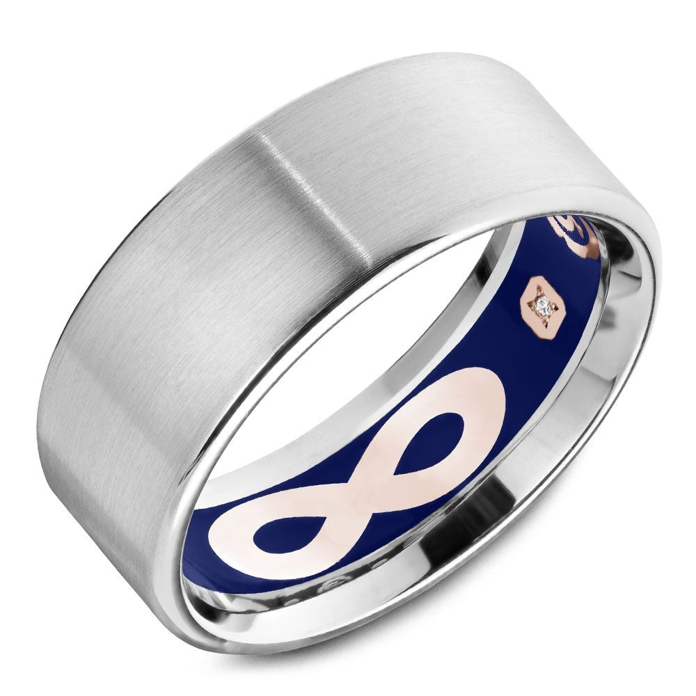 Carlex Men's Wedding Band - 18K White Gold with Brushed Finish, Blue Interior, Rose Gold Infinity Motif, and Hidden Diamond - 8.5mm Width from the G4 Collection