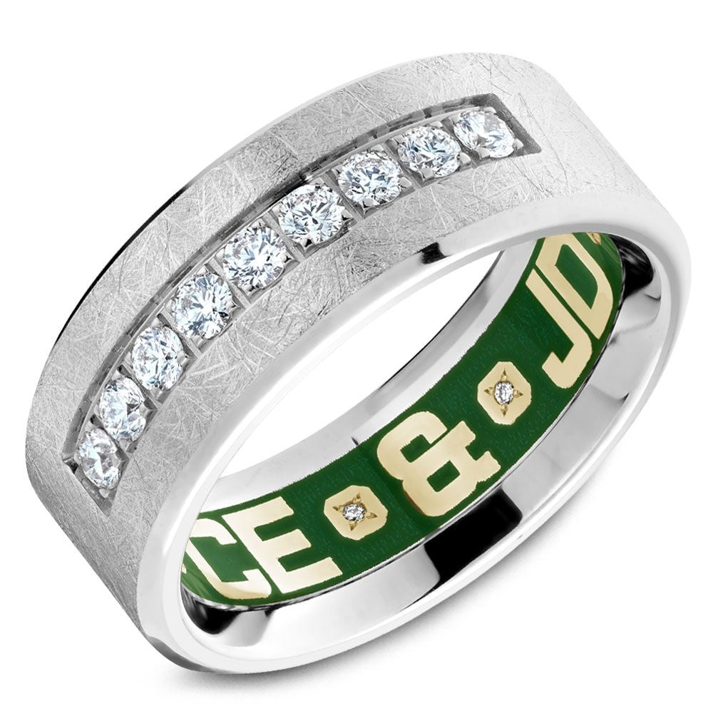 Carlex Men's Wedding Band - 18K White Gold with Brushed Finish, Channel-Set Round Diamonds and Green Enamel Interior - 0.45 Carat Total Diamond Weight - 8.5mm Width from the G4 Collection