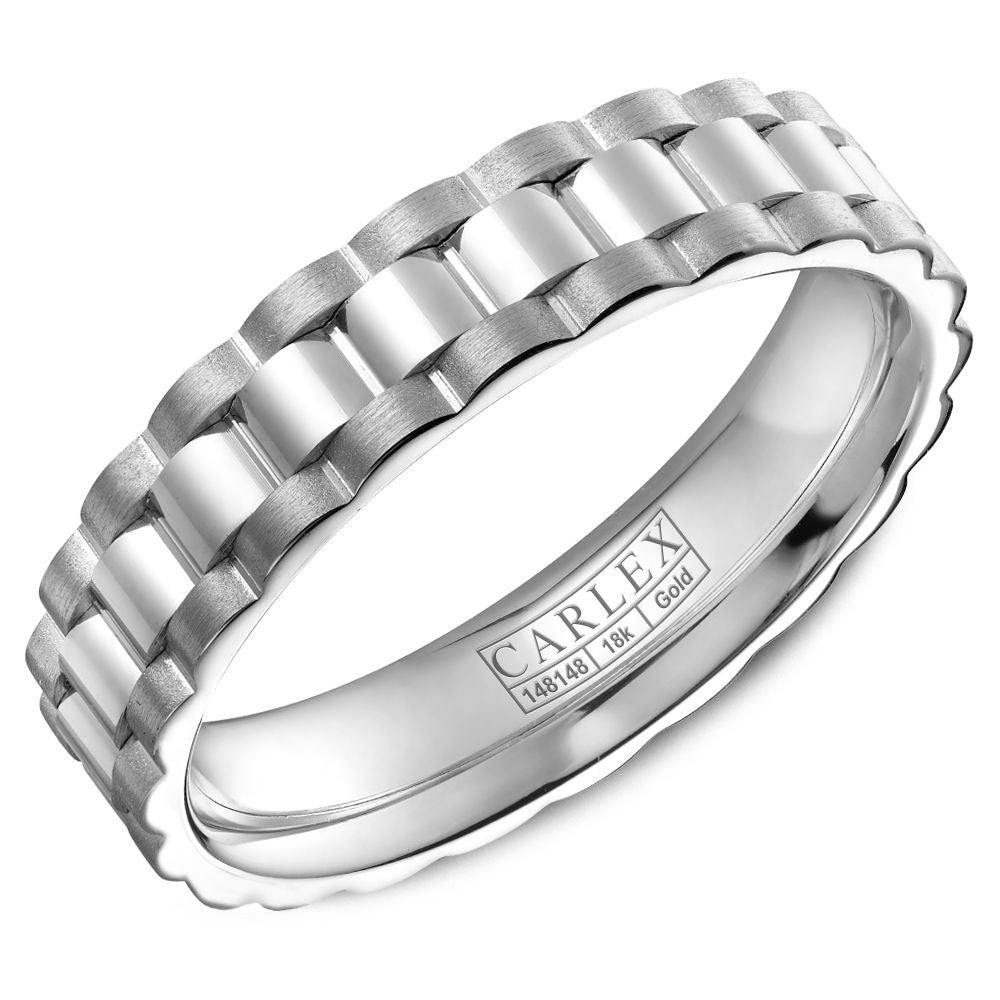 Carlex Men's Wedding Band - 18K White Gold with High Polish Center and Frosted Edges - 5mm Width from the G3 Collection