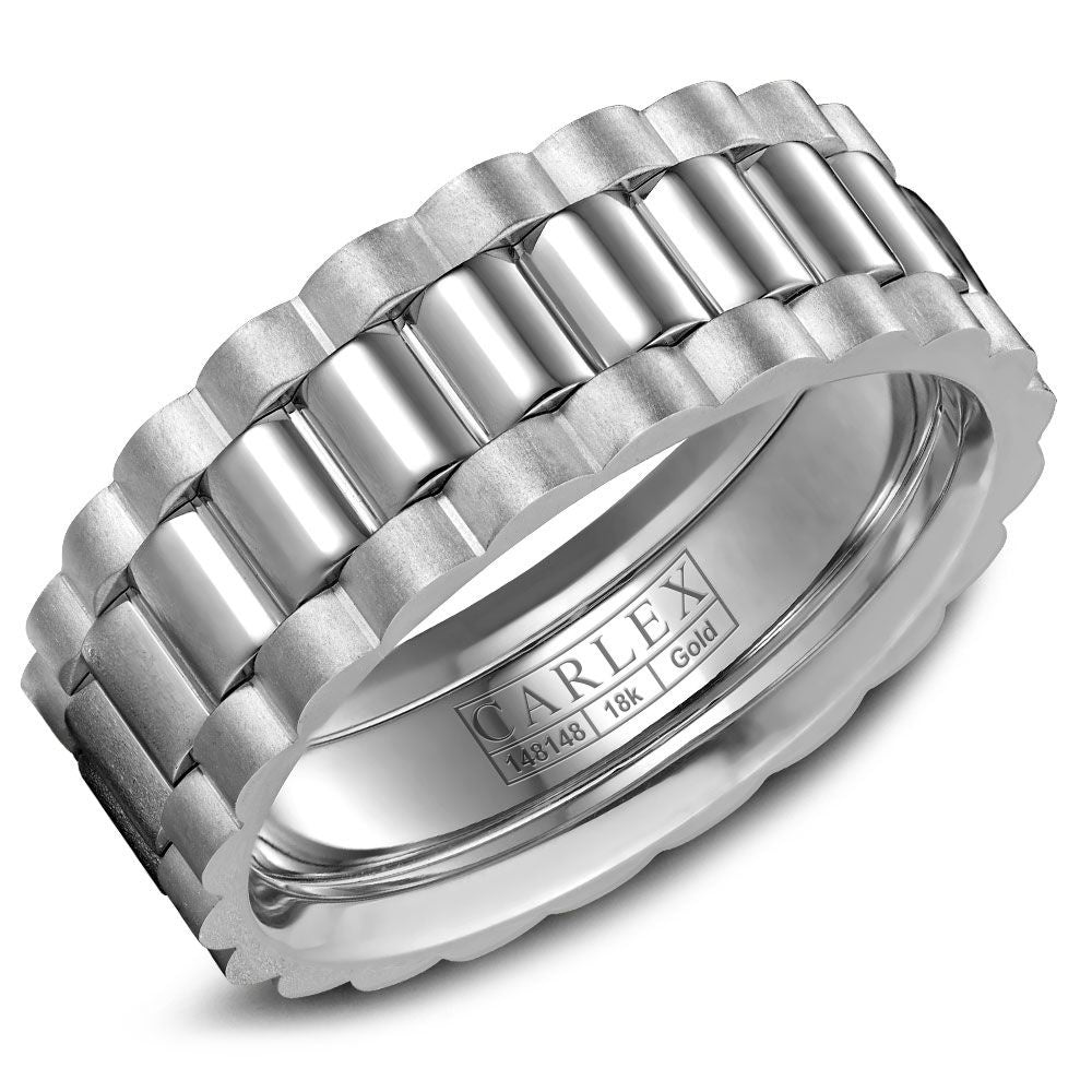 Carlex Men's Wedding Band - 18K White Gold with High Polish Center and Frosted Sides - 7.5mm Width from the G3 Collection