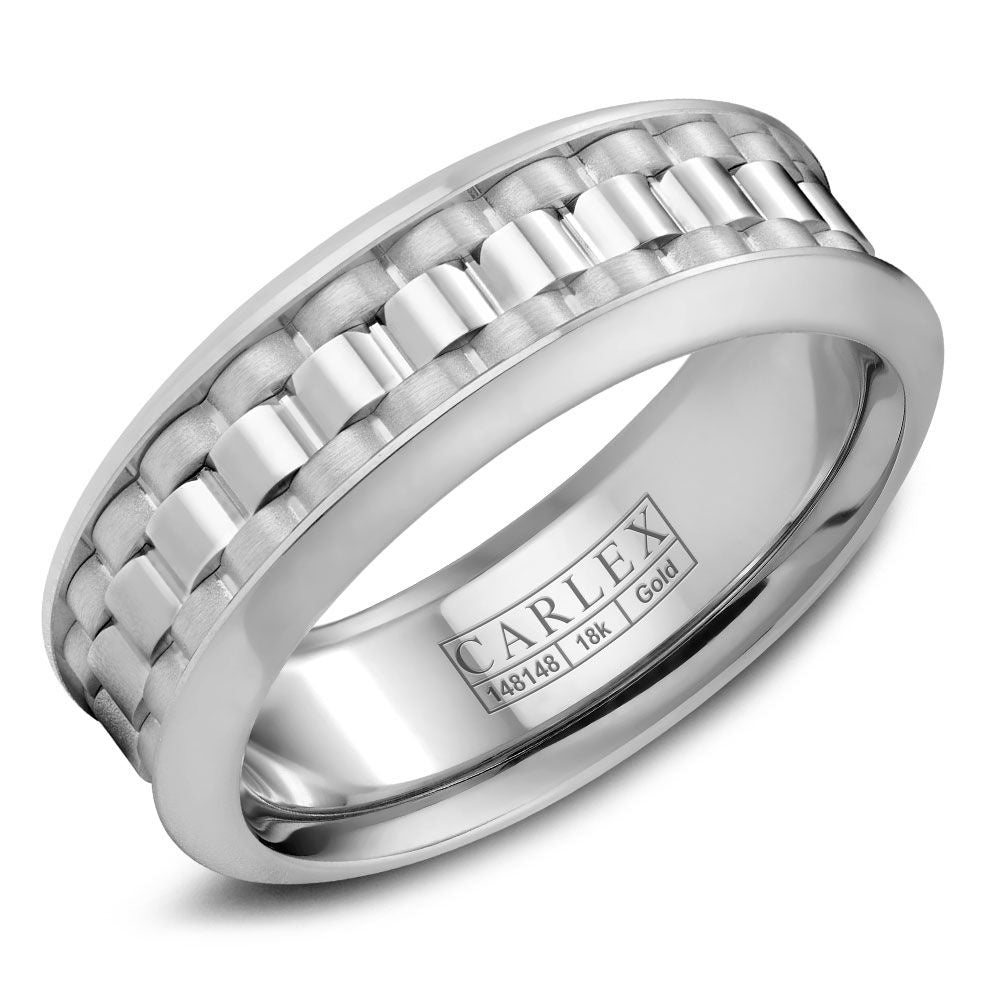 Carlex Men's Wedding Band - 18K White Gold with Polished Watch-Link Sections and Brushed Channels - 8mm Width from the G3 Collection
