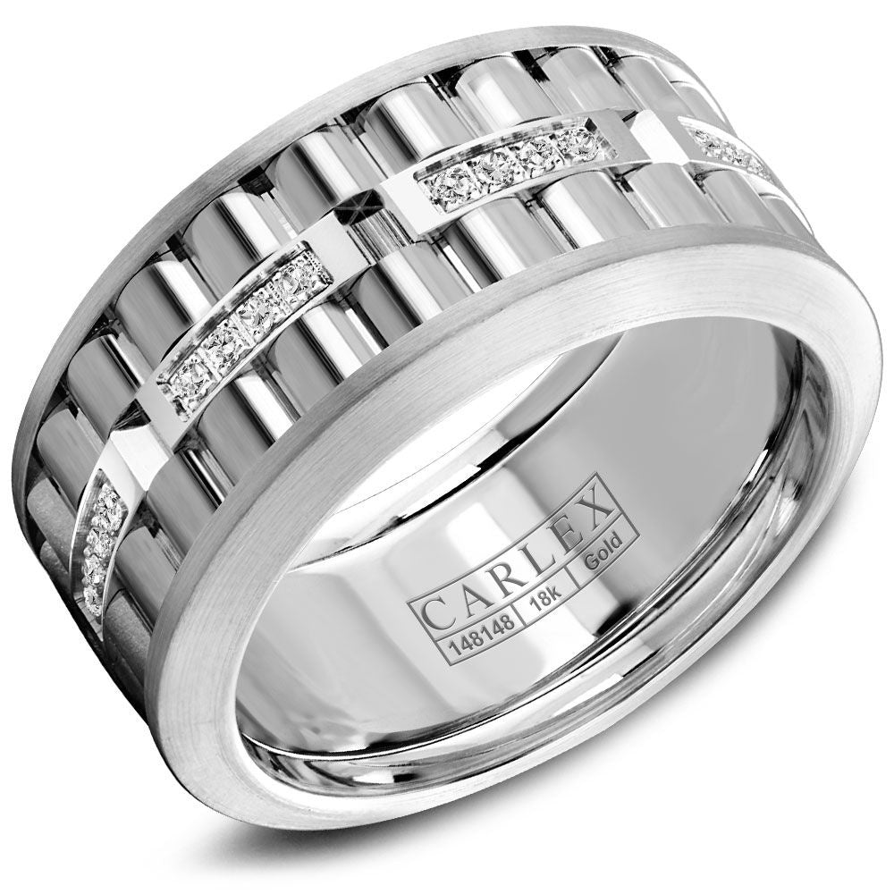 Carlex Men's Wedding Band - 18K White Gold with Sandpaper Center and 0.19 Carat Round Diamonds - 10.5mm Width from the G3 Collection