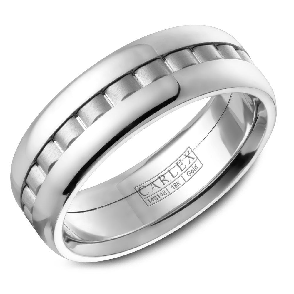 Carlex Men's Wedding Band - 18K White Gold with Sandpaper Center and High Polish Sides - 7.5mm Width from the G3 Collection