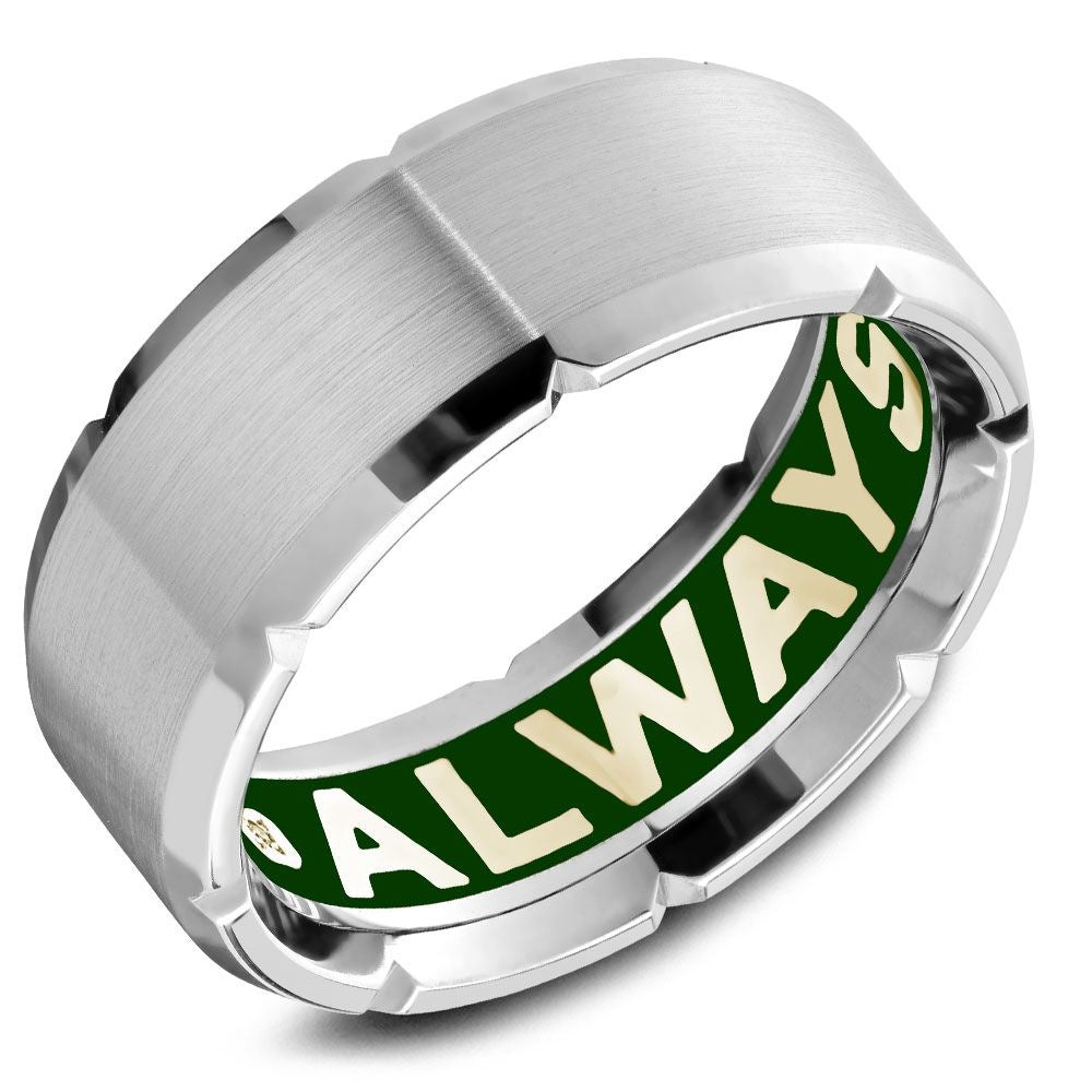 Carlex Men's Wedding Band - 18K White Gold with Sandpaper Center, High Polish Edges, Green Enamel ALWAYS Inscription, and Hidden Diamond Accent - 8.5mm Width from the G4 Collection