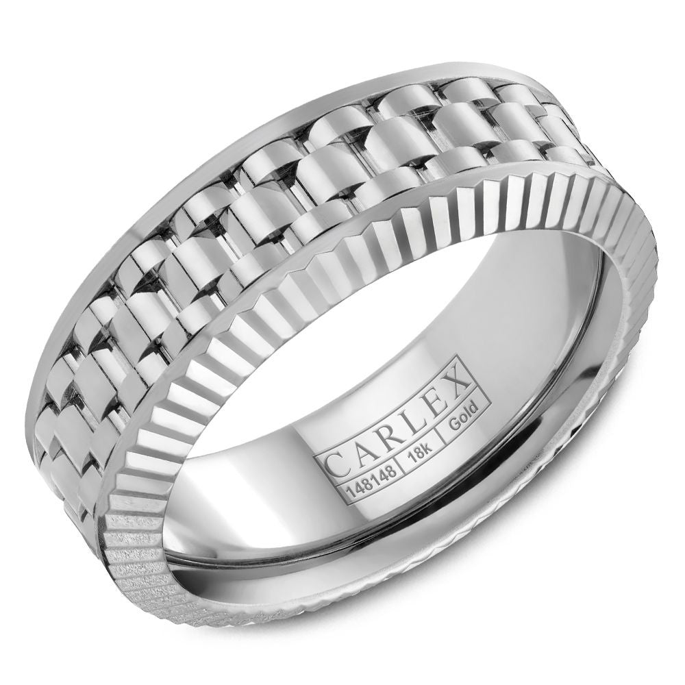 Carlex Men's Wedding Band - 18K White Gold with Woven Basket Weave Center and Ribbed Edges- Special Order Sizes 3-16 - 8mm Width from the G3 Collection