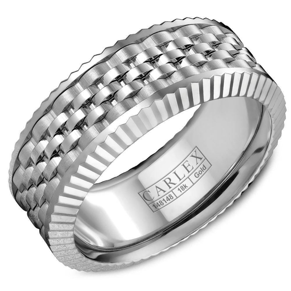 Carlex Men's Wedding Band - 18K White Gold with Woven Basketweave Center and Frosted Sides - 8.5mm Width from the G3 Collection