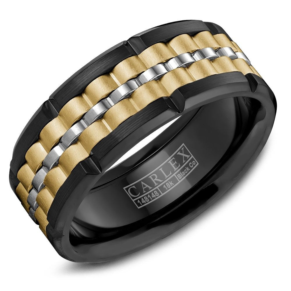 Carlex Men's Wedding Band - 18K Yellow Gold and Black Cobalt - 9mm Width from the Sport Collection