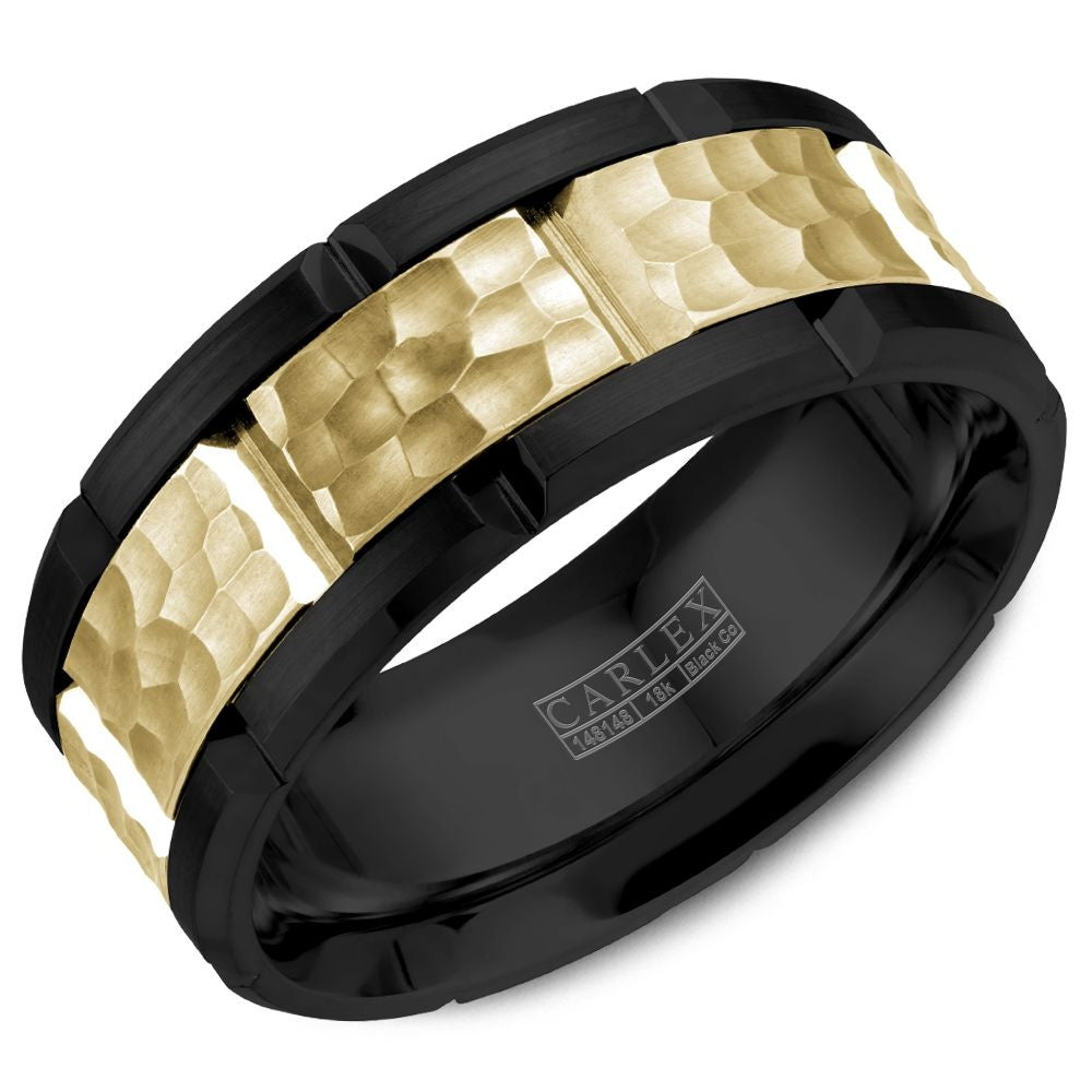 Carlex Men's Wedding Band - 18K Yellow Gold and Black Cobalt with Hammered Center and Segmented Edges - 9mm Width from the Sport Collection