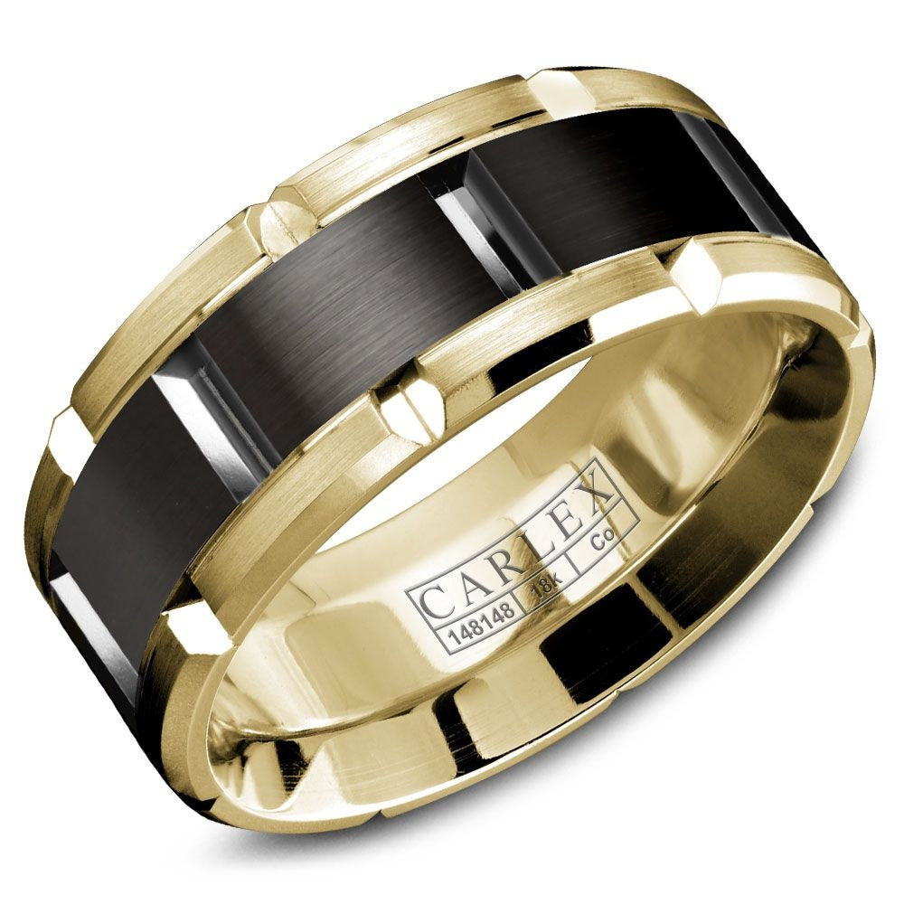 Carlex Men's Wedding Band - 18K Yellow Gold and Black Cobalt with Sandpaper Finish - 9mm Width from the Sport Collection