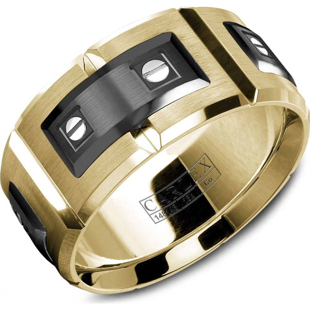 Carlex Men's Wedding Band - 18K Yellow Gold and Black Cobalt with Screw Motif - 11mm Width from the Sport Collection