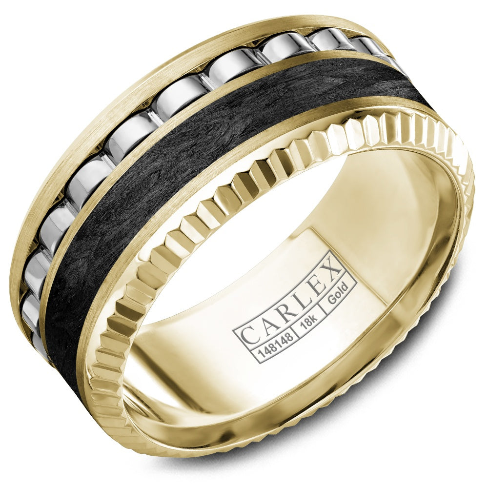 Carlex Men's Wedding Band - 18K Yellow Gold and Forged Carbon Fiber with Bubble Detail - 9.5mm Width from the G3 Collection