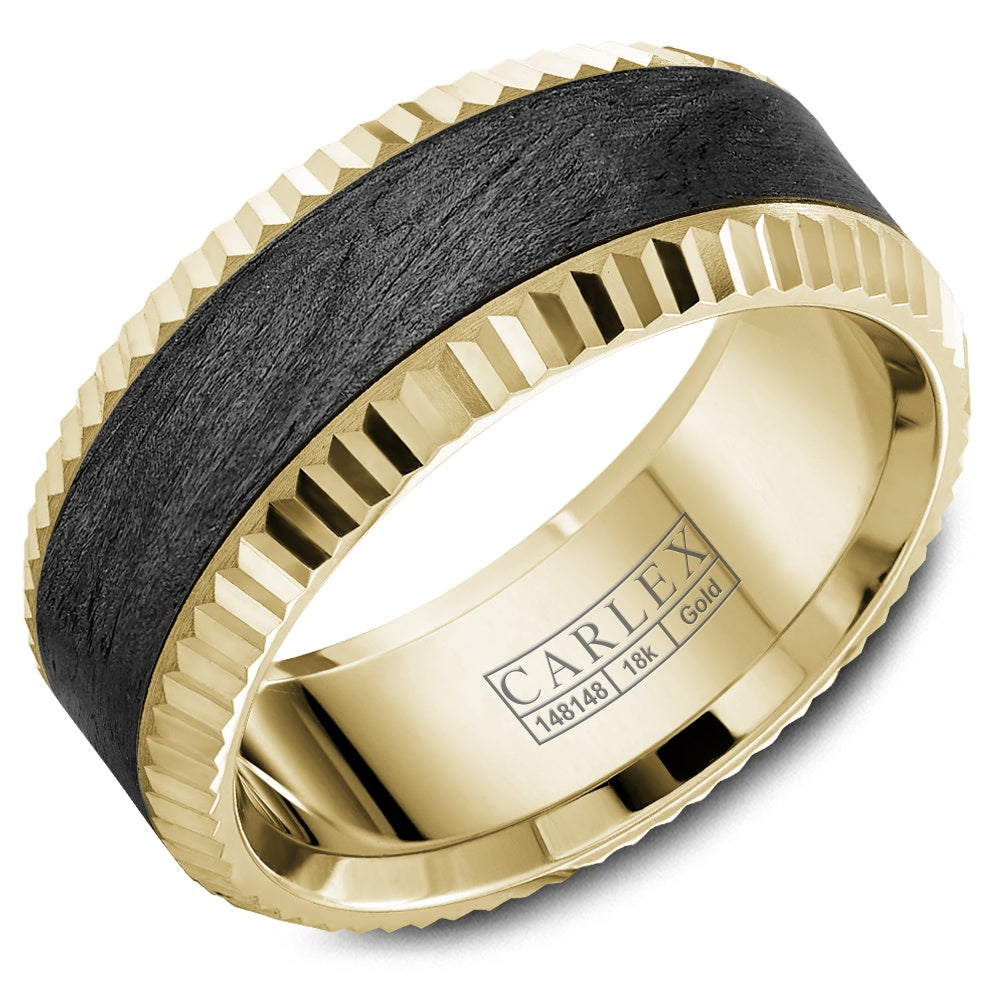 Carlex Men's Wedding Band - 18K Yellow Gold and Forged Carbon Fiber with Knurled Edges - 9mm Width from the G3 Collection