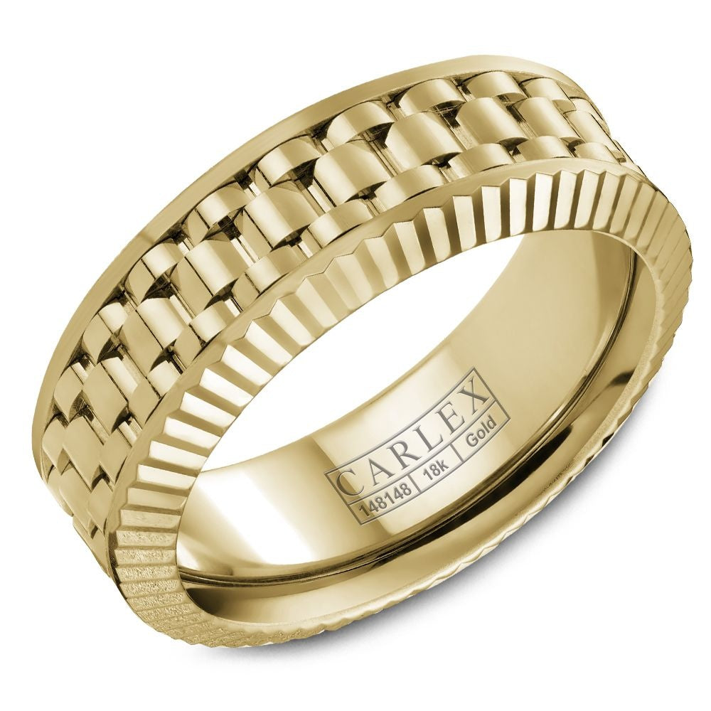 Carlex Men's Wedding Band - 18K Yellow Gold Link Motif with Ribbed Edges - 8mm Width from the G3 Collection