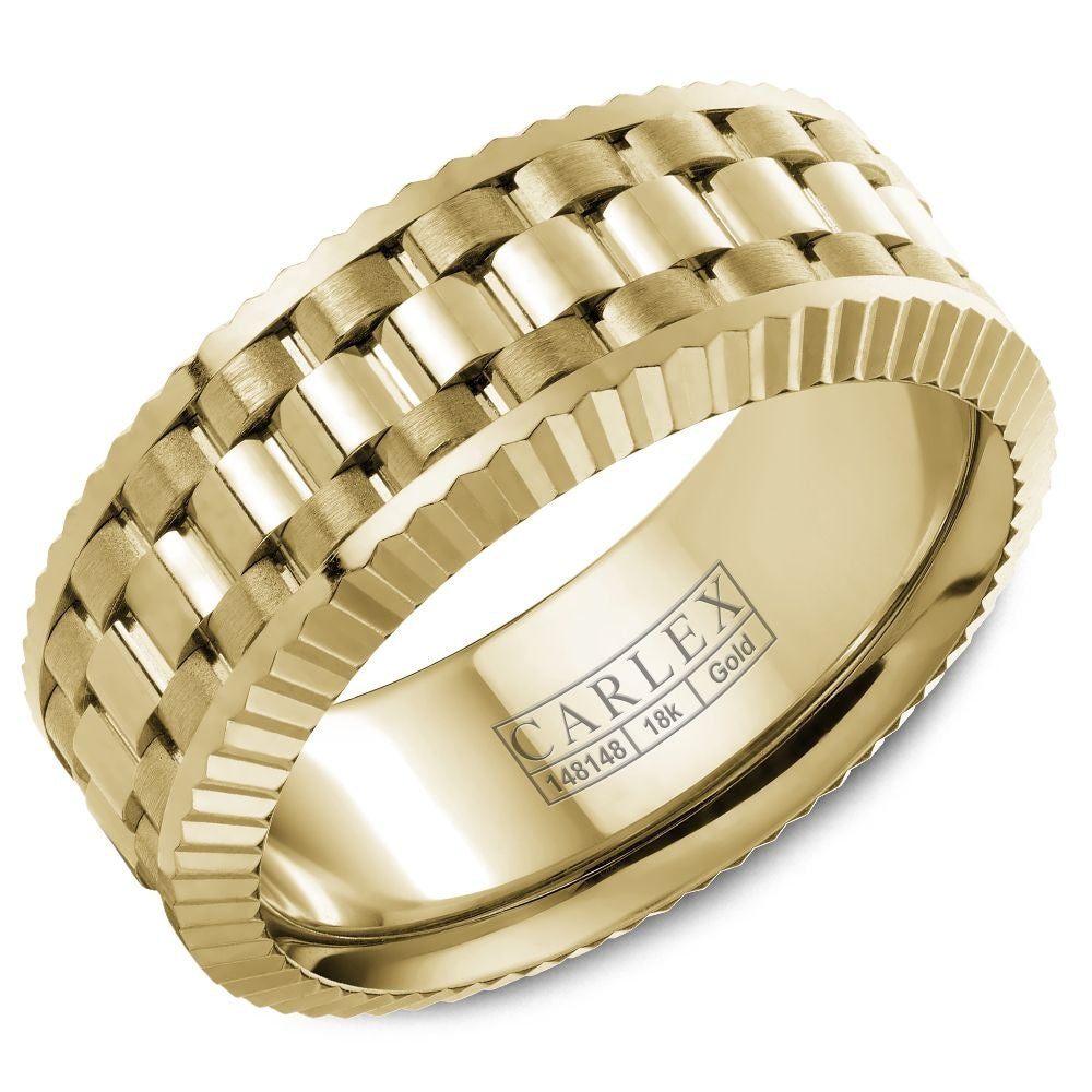 Carlex Men's Wedding Band - 18K Yellow Gold Link with High Polish and Frosted Finish - 8.5mm Width from the G3 Collection