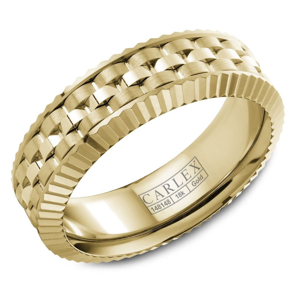 Carlex Men's Wedding Band - 18K Yellow Gold with Basket Weave Center and Frosted Finish - 7mm Width from the G3 Collection