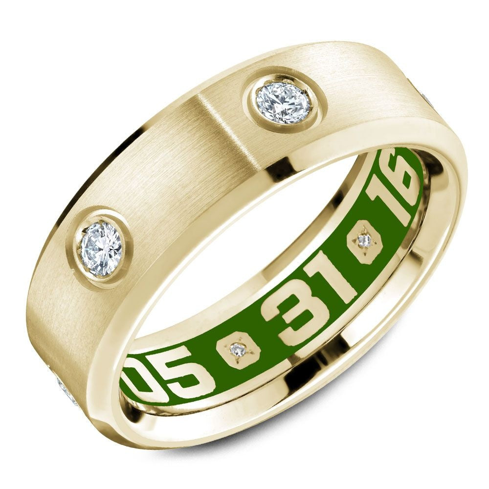 Carlex Men's Wedding Band - 18K Yellow Gold with Bezel-Set Round Diamonds and Custom Green Enamel Interior - 0.08 Carat Exterior Diamond Weight - 7.5mm Width from the G4 Collection