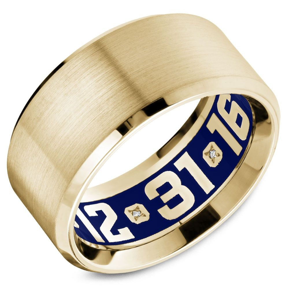 Carlex Men's Wedding Band - 18K Yellow Gold with Brushed Finish and Blue Enamel Interior Design- Special Order - 10.5mm Width from the G4 Collection