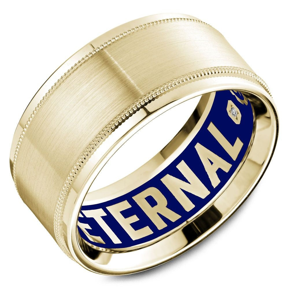 Carlex Men's Wedding Band - 18K Yellow Gold with Brushed Finish, Milgrain Edges, Blue Enamel ETERNAL Inscription, and Hidden Diamond Accent - 10.5mm Width from the G4 Collection