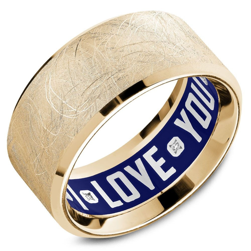 Carlex Men's Wedding Band - 18K Yellow Gold with Brushed Top, Polished Edges, and Blue Enamel "LOVE YOU" Interior Diamond Accent - 10.5mm Width from the G4 Collection