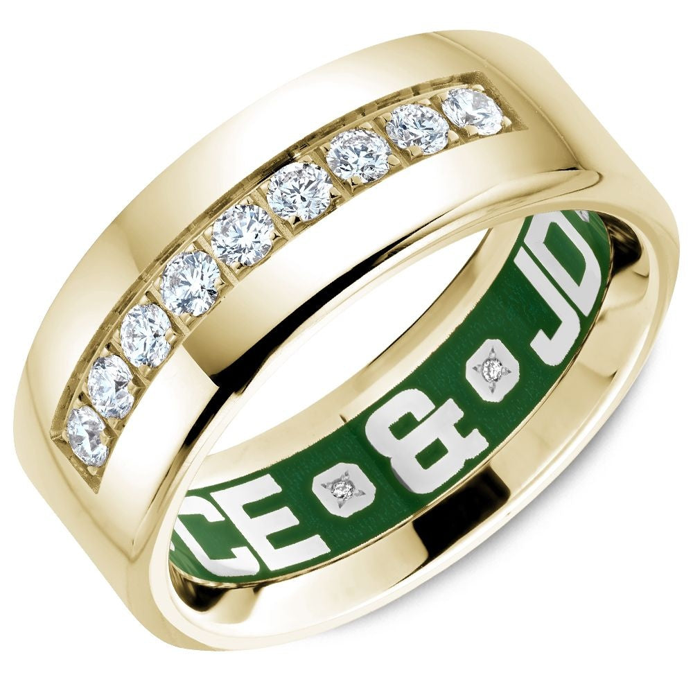 Carlex Men's Wedding Band - 18K Yellow Gold with Channel-Set Round Diamonds and Green Enamel Interior - 0.45 Carat Total Diamond Weight - 8.5mm Width from the G4 Collection